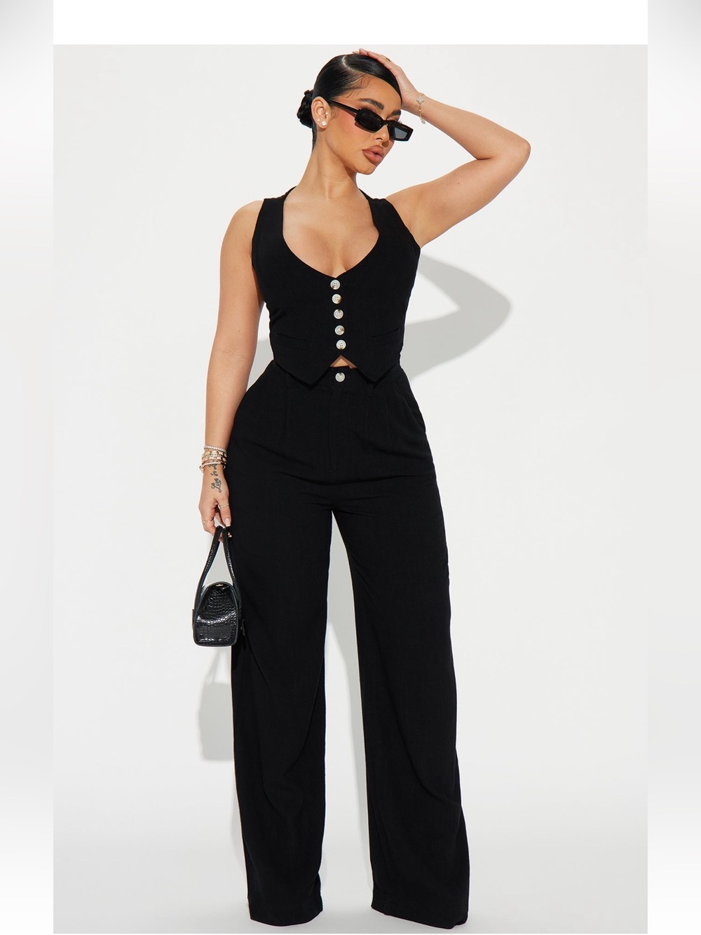 Fashion Nova Black Sleeveless Button Vest with High-Waist Wide-Leg Pants